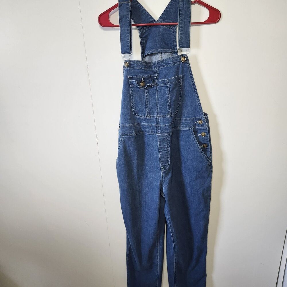 Vetinee Women's Stretch Denim Overalls Size L Button Front Distressed One Piece
